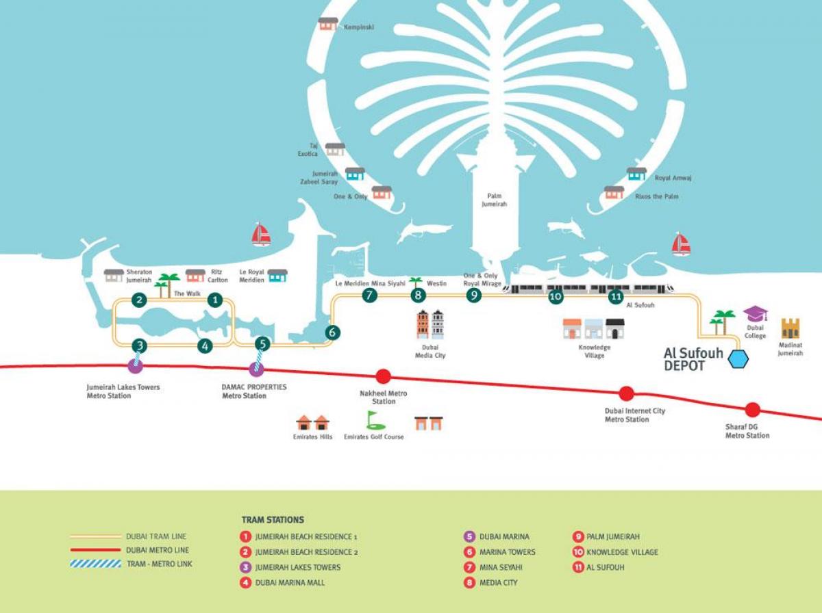 Karte der Straßenbahnhaltestellen in Dubai